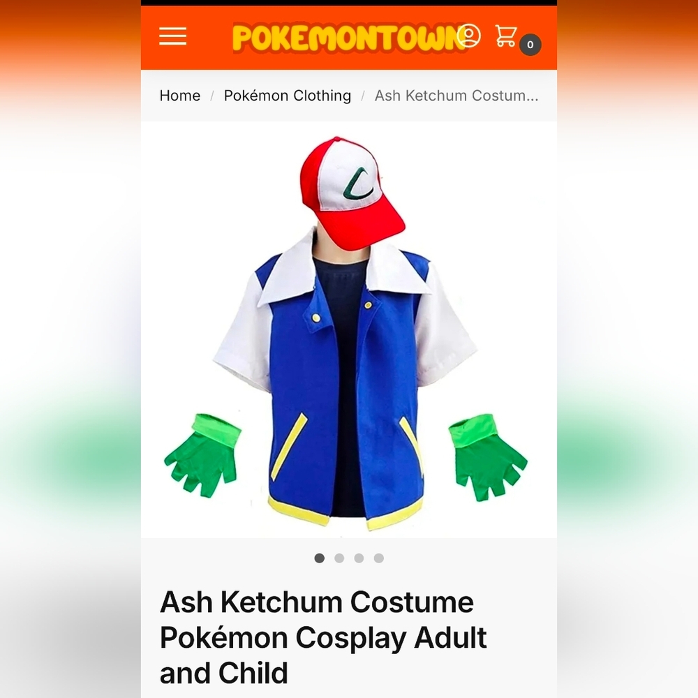 NIB* XL, Pokemon Men's Ash Ketchum Blue and Green 3 Pc Cosplay Costume Set